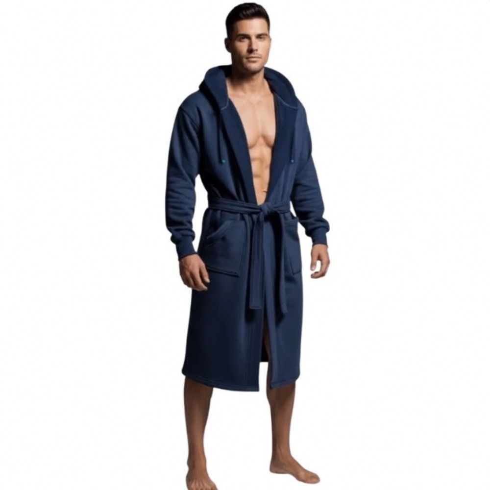 DudeRobe Mens Hooded Bathrobe Navy Blue Cotton Jersey L/XL Luxury Loungewear